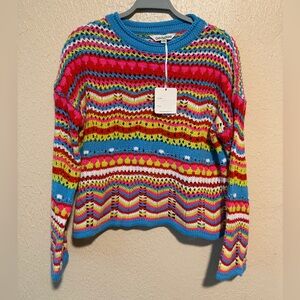 Davi & Dani Colorful Striped Crochet Sweater Size Small